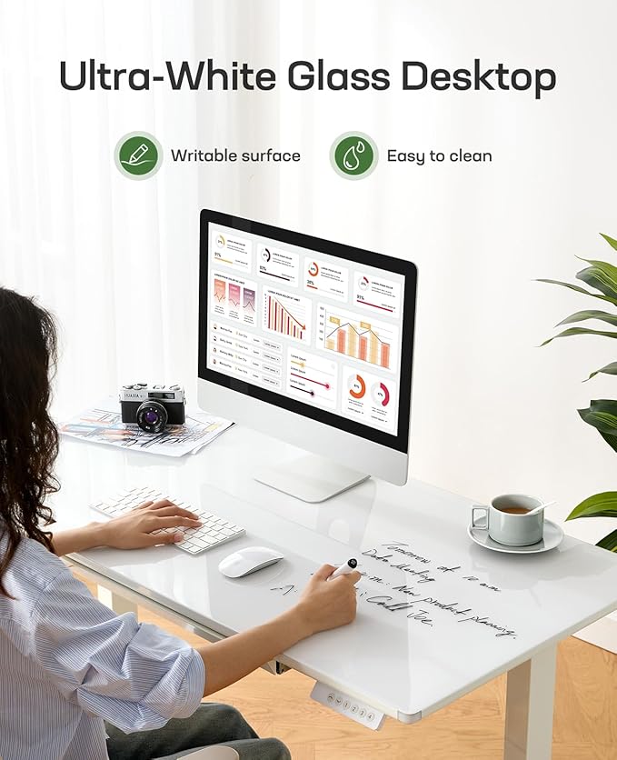 Marsail Glass Electric Standing Desk with Drawer, 48 x 24 Inches Height-Adjustable Desk, One-Piece Tempered Glass Top, Ergonomic Home Office Sit Stand Desk with 4 Preset Heights, White