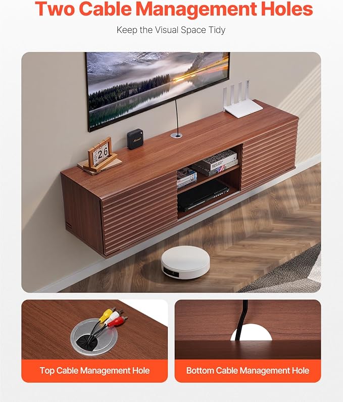 VEVOR Floating TV Stand, 60" Wall Mount Entertainment Center with Adjustable Shelf & Sliding Doors, 2 Tiers Floating TV Shelf with Storage Cabinet for DVD Player, Cable Box, Game Console, Walnut