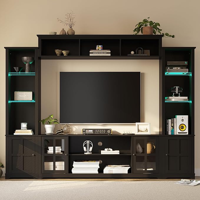Wall Unit TV Stand with Storage & LED Lights, Large Entertainment Center with Bookshelves for TVs up to 75", Media Console for Living Room, Black