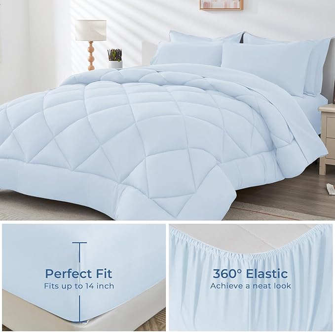 HEVUMYI Light Blue Twin Comforter Set - 5-Piece All Season Bed in a Bag Twin, Ultra Soft Bedding Set with Comforter, Flat Sheet, Fitted Sheet, Pillowcases, Pillow Shams