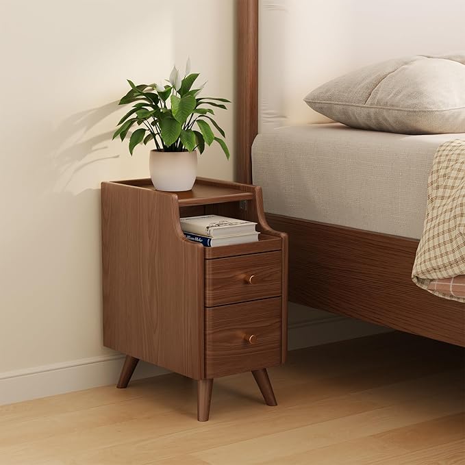 Small Nightstand with Drawers, Solid Wood Bedside Table, Narrow Walnut Nightstand for Bedroom