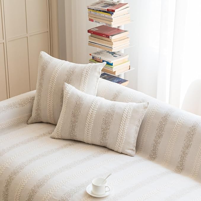 Pack of 1 Decorative Throw Pillow Covers 12x20 Inch, Pillow Cases for Living Room Couch Bedroom Farmhouse Home Decor, Soft Stripe Chenille Cushion Covers for Sofa Beige,12''x20''