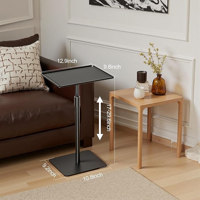 Metal Sofa Side Table,Height Adjustable Tall Side Couch Tables,Small TV Tray Table for Small Spaces with Matte Black Tray,Square Drink Coffee Tables for Bedroom,Black