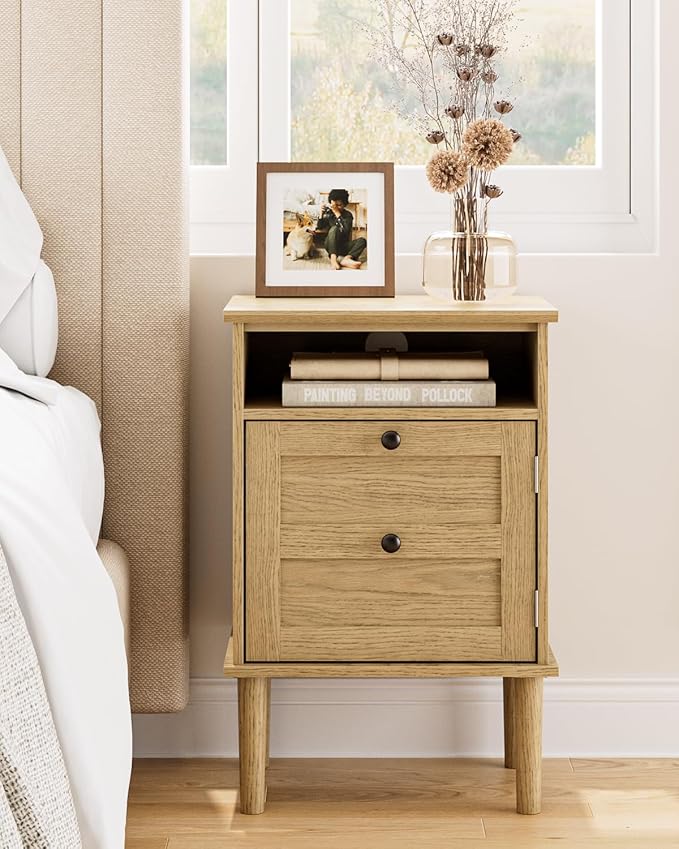 Nightstand, Boho Night Stand with 1 Drawers, Modern Side Accent Table with Open Shelf, Wooden Top Bedside End Table for Bedroom, Living Room, Yellow Oak
