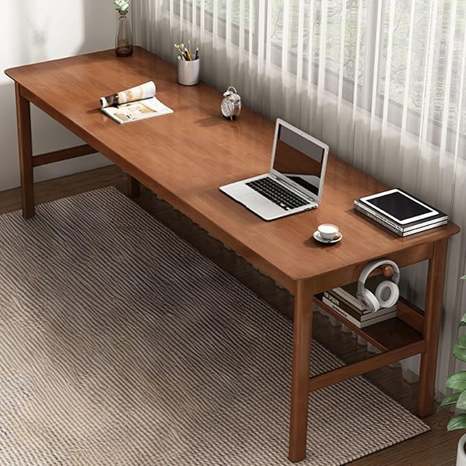 Solid Wood Long Desk 63 inch Home Office Work Desk, 2-Person Simple Writing Desk Table Computer Workstation with Storage Shelf for Living Room, Study Room, Bedroom, Walnut