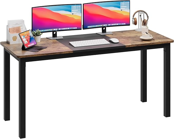 GarveeHome 63 Inch Computer Desk, Modern Office Desk with Metal Frame, Large Gaming Desk, Sturdy Writing Workstation for Study, Home, Office, 23.6" D x 63" W, Black and Brown