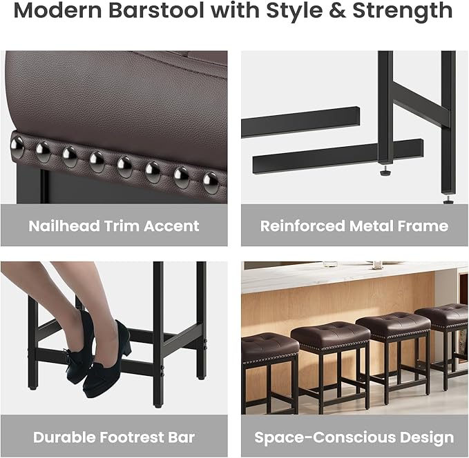 MALOL Set of 6 Saddle Bar Stools Counter Height 24.4”, Backless Barstools for Kitchen Island, Modern PU Leather Cushioned Seat, Bar Chairs for Kitchen Counter, Breakfast Bar Stools for Home,Brown
