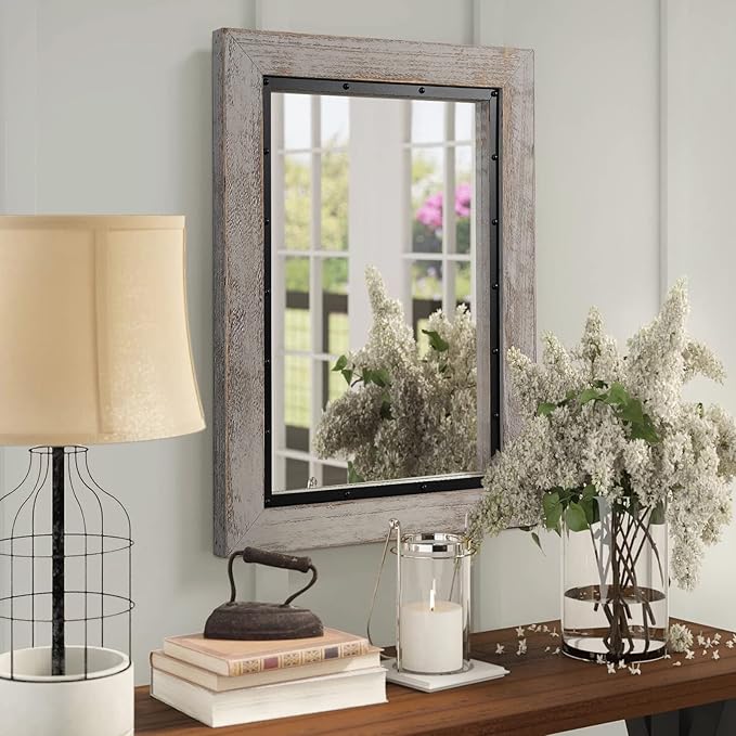 YOSHOOT Rustic Wooden Framed Wall Mirror, 32"x24", Natural Wood and Iron Bathroom Vanity Mirror for Farmhouse Decor, Vertical or Horizontal Hanging