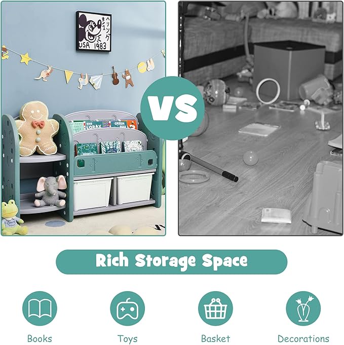 Costzon Kids Toy Storage Organizer, Toddler Bookshelf Cabinet w/ 2-Tier Bookshelf, 2 Shelves, 2 Removable Bins, Children Bookcase Display Book Rack for Kids Room Bedroom Playroom Furniture (Green)