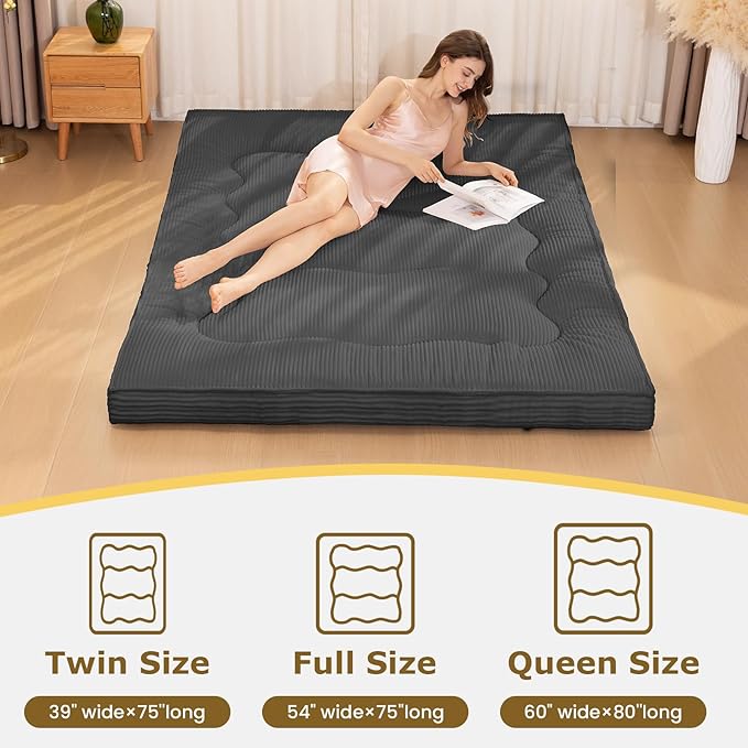 Japanese Floor Mattress, 4" Thicken Futon Mattress Queen Size Sleeping Pad, Corduroy Foldable Floor Pad, Roll Up Tatami Mat for Adults Guest Room Bedroom, Grey