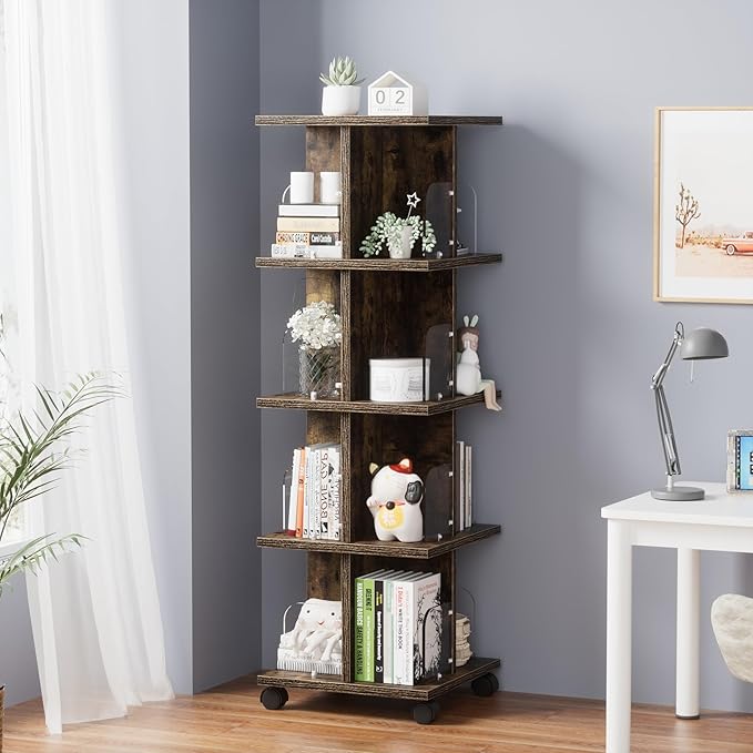 VECELO 4-Tier Rotating Bookshelf, Modern Swivel Bookcase for 360°Display,Stackable Square Book Shelves Floor-Standing Storage for Home Office, Solid Wood, Smooth Spinning, Brown