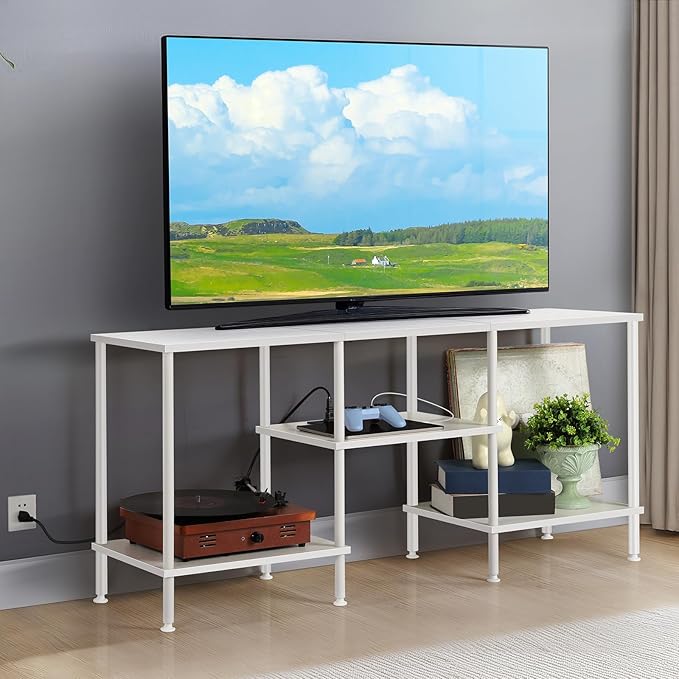 TV Stand for Bedroom up to 50 Inch Modern TV Stands with Power Outlets Small Entertainment Center with Storage 3 Tier TV Cabinet Console Table for Living Room Bedroom Office, White