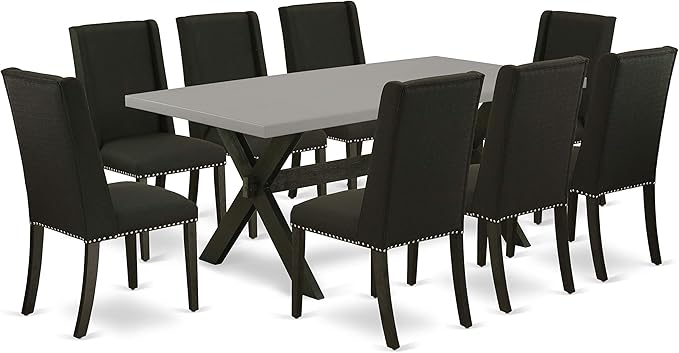 East West Furniture X697FL624-9 9 Piece Dining Room Furniture Set Includes a Rectangle Dining Table with X-Legs and 8 Black Linen Fabric Upholstered Chairs, 40x72 Inch, Multi-Color