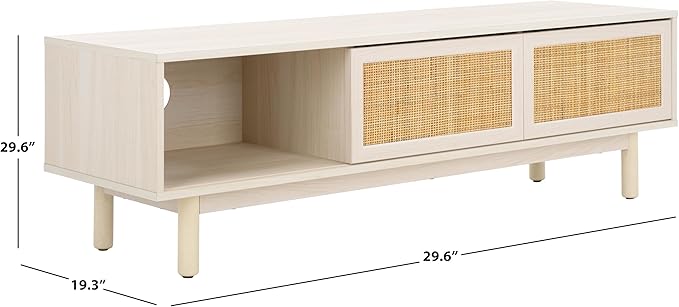 SAFAVIEH Aino TV Stand for up to 60" Flatscreen – Bleached White & Natural Rattan, 2 Sliding Doors with Interior Storage, 1 Open Shelf, Entertainment Media Console (MED9619C)
