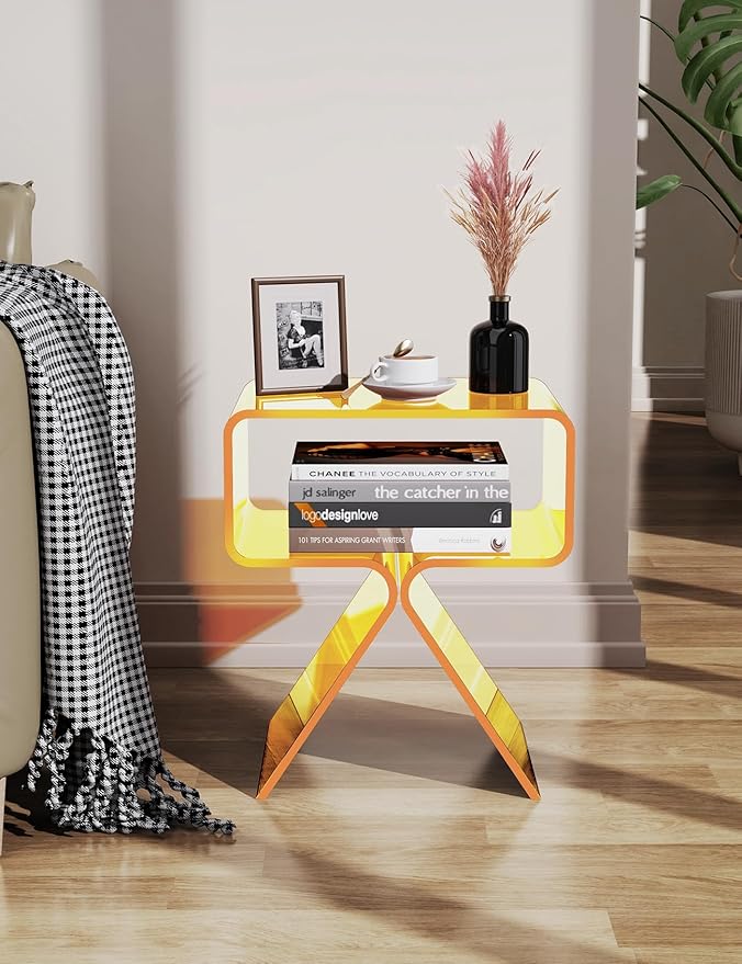 Acrylic Nightstand Side Table Modern Design Clear Home Decor Display End Table for Living Room (Yellow)
