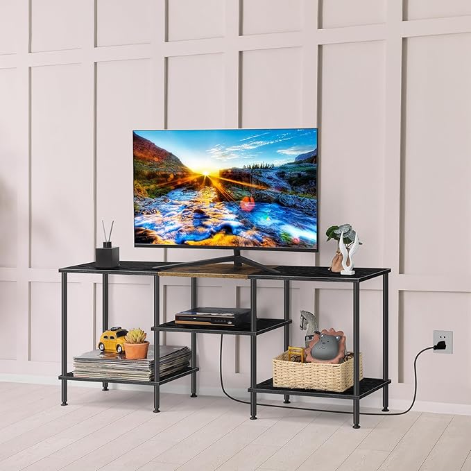 Small TV Stand with Power Outlet, Industrial TV Media Console with Storage Black Wood Entertainment Center up to 50 inch TV for Living Room, Bedroom, Kids Room