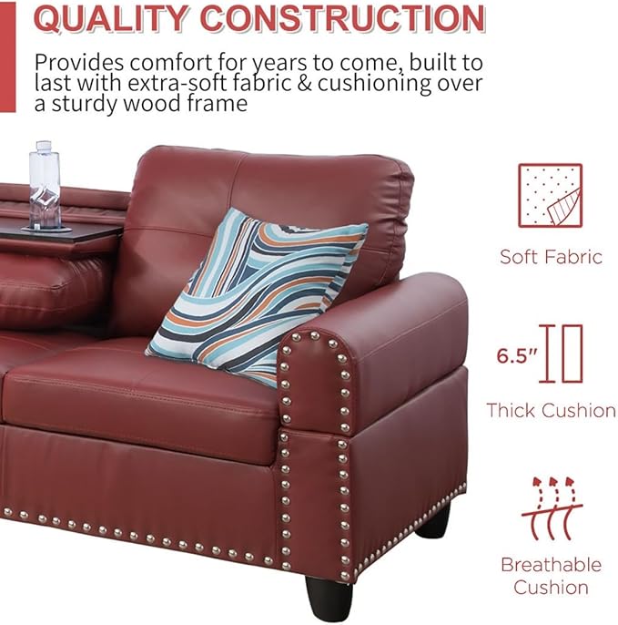 LeatherL Shaped Couch with Ottoman, Modern Nail-Head Design Comfy Sectional Sofa with Cup Holder & Chaise for Living Room, Bedroom, Office, Red