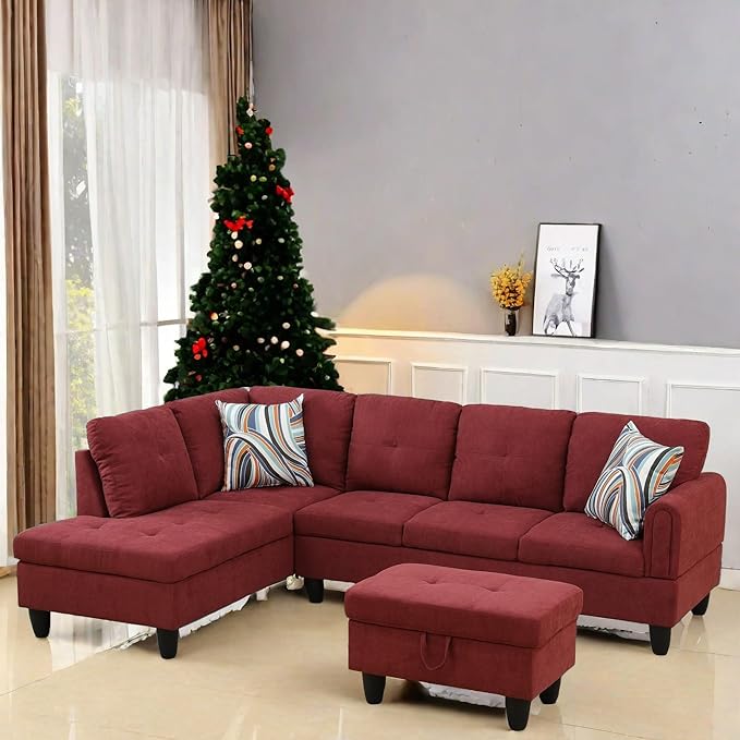 L Shaped Sectional Couch with Otttoman, 97" Sectional Sofa for Living Room Flannel Modular Couches with Cup Holders for Bedroom, Apartments, Red