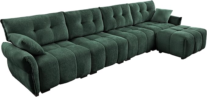 Modern Chenille Fabric 4-Seat Sofa w/Ottoman+2 Pillows, Premium Upholstery Living Room Couch with Tufted Backrest & Comfortable Armrests and High-Resilience Memory Foam Cushions,Green