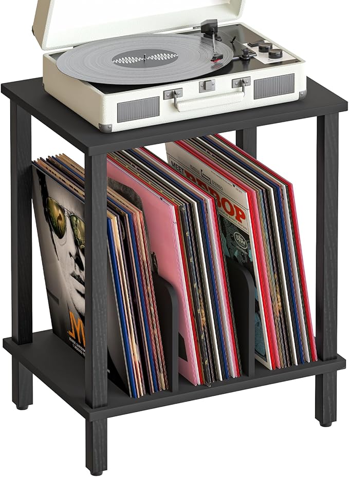 HOOBRO Record Player Stand, 2-Tier End Table, Vinyl Record Turntable Stand with Storage up to 100 Albums, Small Side Table for Living Room, Bedroom, Black, BK05RS01
