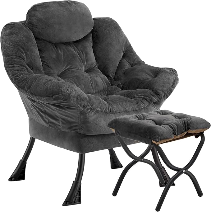 Lazy Chair with Folding Ottoman,Leisure Sofa Chair,Soft Fabric Armchair with Armrests and Side Pockets, Reading Chair with Footrest for Living Room, Bedroom, Office (Plush Dark Grey)