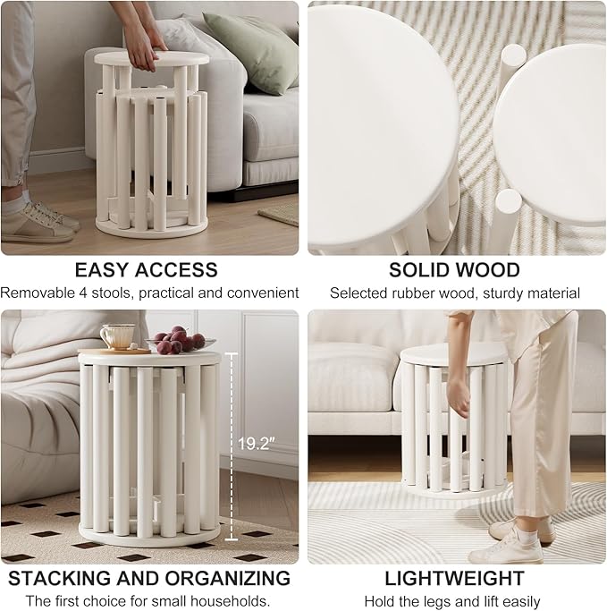 Stackable Stools Set of 4, Wood Stool 18 Inch Stool Stackable Side Tables Nesting Table Sturdy and Durable, No Installation Required for End Table,Top Stackable Round Stools(White Barstool)