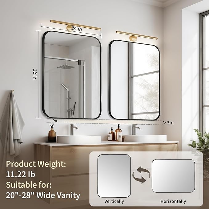 Black Bathroom Mirror, 24x32 Inch Aluminum Frame Rectangle Mirror, Anti-Rust, Tempered Glass, Wall Mirror for Over Sink, Vanity, Bedroom, Entryway, Horizontal/Vertical