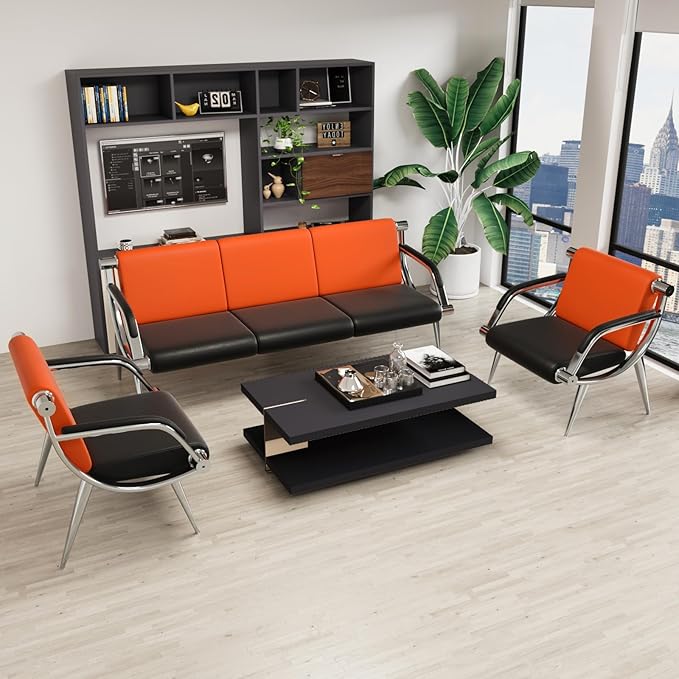 wonline 4 Seat Waiting Room Chair with Armrest PU Leather Office Furniture, Office Guest Seating Lobby Conference Reception Chairs for Airport Clinic Hospital Bank Salon Barber(Orange&Black)