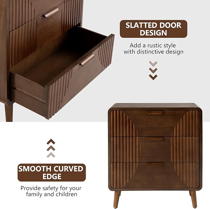 COSIEST Walnut Accent Cabinet with 3 Drawers, Sideboard Buffet Cabinet for Entryway, Living Room, Bedroom (Brown, Stripe Pattern)