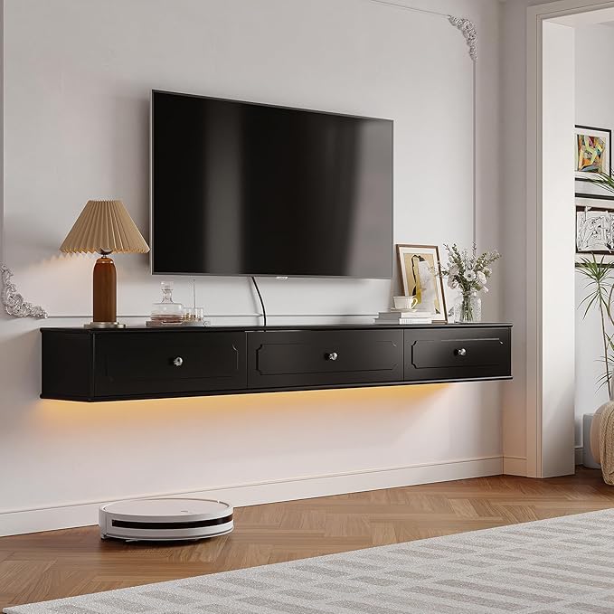 Retro Floating TV Console with 3 Doors,47'' High Gloss Floating TV Stand,Wall Mounted TV Cabinet,Contemporary Floating Media Console for Under TV Storage,Living Room,Bedroom(Black)