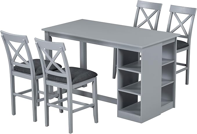 Merax 5 Piece Solid Wood Farmhouse Counter Height Dining Table Set with 3-Tier Storage Shelves,and 4 Upholstered Dining Chairs,Gray