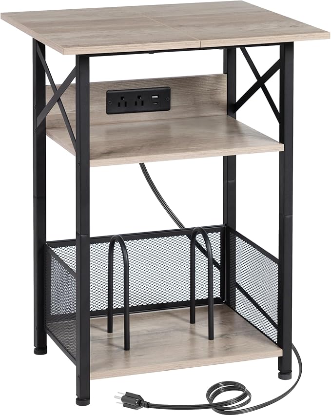 AMHANCIBLE Record Player Stand with Charging Station, Large Turntable with Storage Cabinet holds up to 100 Albums, 3 Tier End Table for Vinyl, Living Room, Grey, HETCD012GY-1