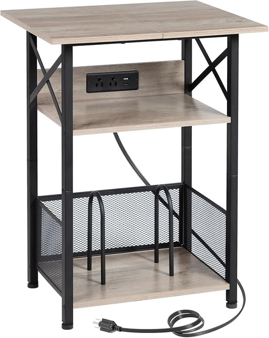AMHANCIBLE Record Player Stand with Charging Station, Large Turntable with Storage Cabinet holds up to 100 Albums, 3 Tier End Table for Vinyl, Living Room, Grey, HETCD012GY-1