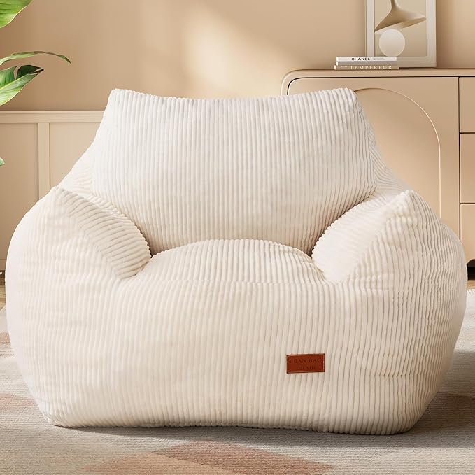 Big Bean Bag Chair for Adults & Kids, Ultra Soft Living Room Bean Bag with Armrests, Stuffed BeanBag Floor Sofa for Napping, Gaming, Lounging, Beige