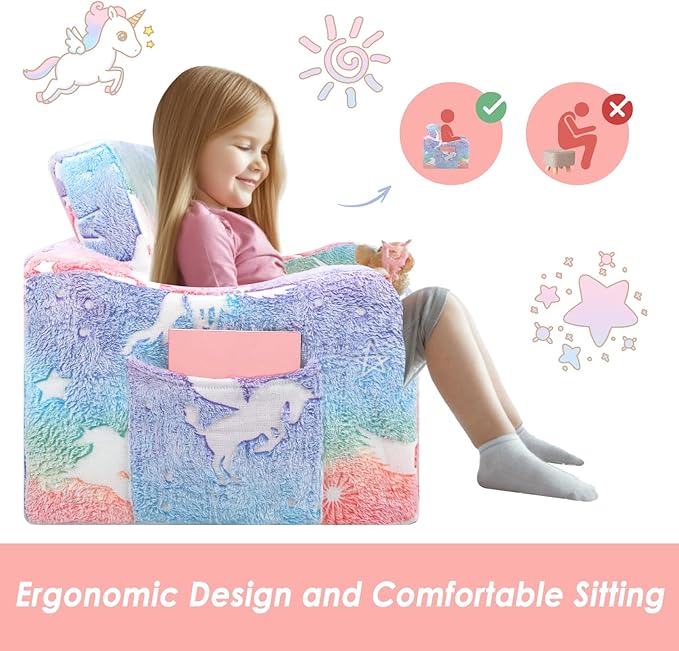 Kids Couch Extra Large,Glow in The Dark 2-in-1 Folding Kids Sofa Bed for Girls,2 Seats Convertible Sleeper Lounger Toddler Couch for Children Bedroom Playroom Nursery,Unicorn