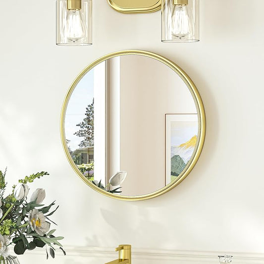 TokeShimi 16 in Round Gold Mirror Framed, 16 x 16 Shatterproof Circle Bathroom Vanity Mirror Wall Mounted Aluminum Wall Mirrored Farmhouse for Entryway, Bedroom, Restroom, Vanity, Living Room