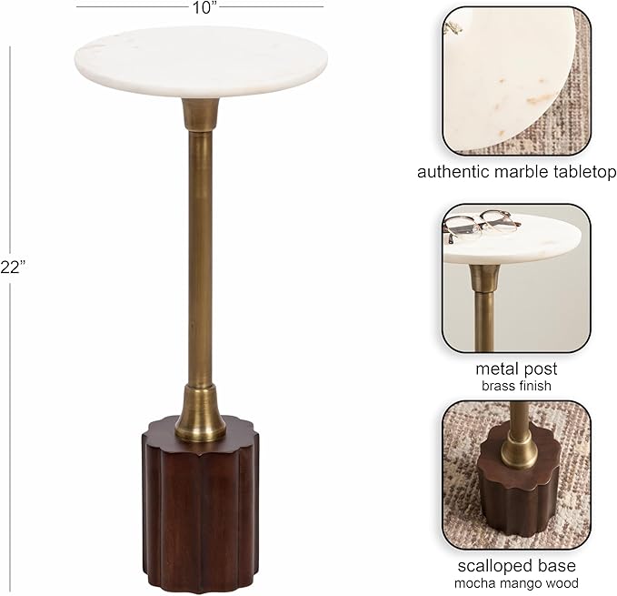 Kate and Laurel Nisha Traditional Marble Round Drink Table, 10 x 10 x 22, White Marble, Antique Brass, and Dark Brown, Vintage Mango Wood Circle Mini Table for Use as Plant Stand or Living Room Decor