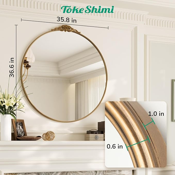 TokeShimi 36x36 Vintage Round Mirror for Wall,Metal Frame,Antique Mirror for Entryway,Hallway,Mantel,Wall-Mounted French Cleat Mounting