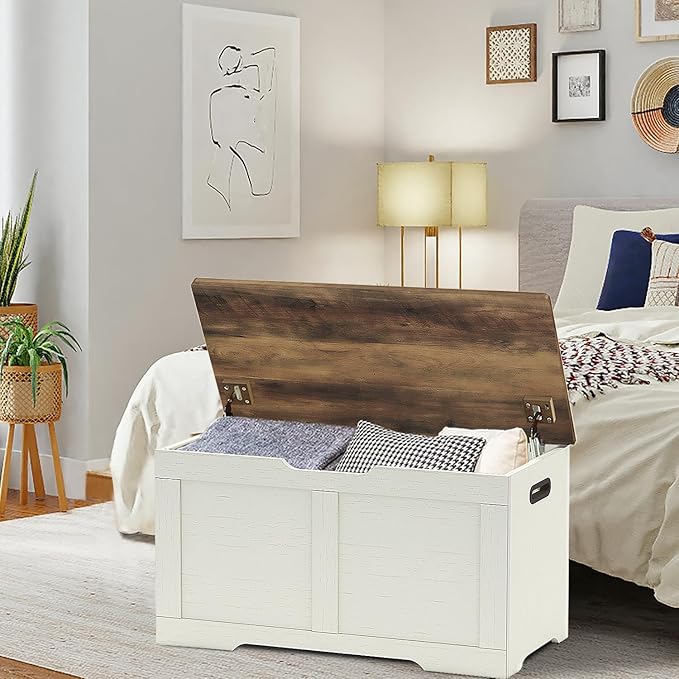 31.5" Storage Chest, Wooden Storage Bench, Lift Top Toy Chest with 2 Safety Hinges, Large Toy Box, Entryway Shoes Bench for Living Room, Bedroom, Brown and Rustic White