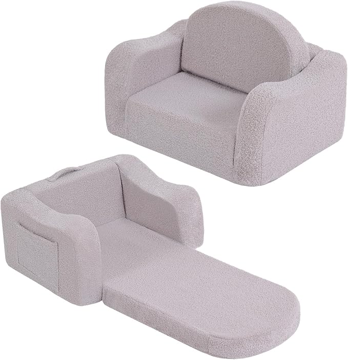 Welnow Kids Sofa, 2-in-1 Soft Sherpa Toddler Chair, Convertible Toddler Couch Lounger, Flip Out Kids Couch Chair with Side Pockets & Removable Cover for Girls and Boys, Grey