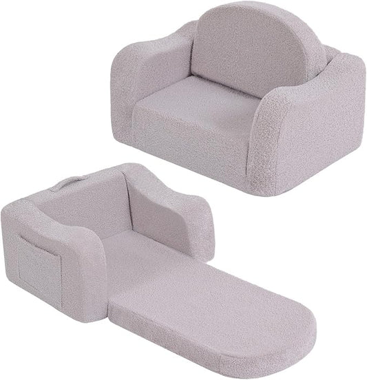 Welnow Kids Sofa, 2-in-1 Soft Sherpa Toddler Chair, Convertible Toddler Couch Lounger, Flip Out Kids Couch Chair with Side Pockets & Removable Cover for Girls and Boys, Grey