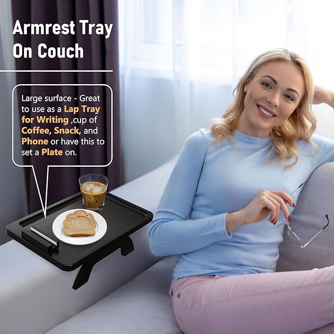 SINWANT Couch Armrest Table, Large Bamboo Couch Arm Table 360° Phone Holder,Foldable Sofa Arm Tray for Eating Drinking Snacks Remote on Chair Armrest