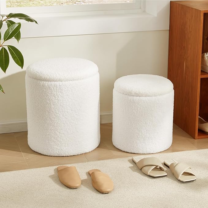 Boucle Round Ottoman with Storage Set of 2,Small Foot Stool Ottoman for Living Room, Small Coffee Table,Vanity Stool with Storage for Bedroom, White