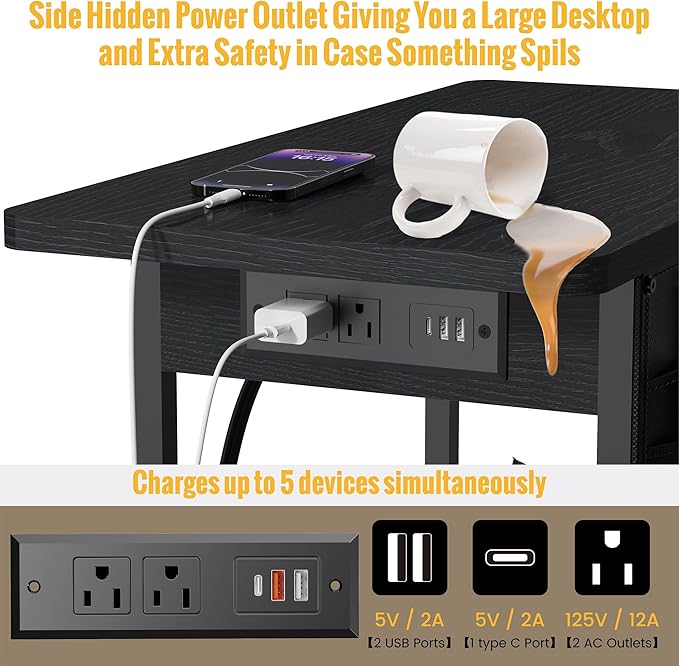Small Side Table with Charging Station, Narrow Nightstand Bedside Tables with Storage Pocket for Living Room Bedroom, Sofa End Table with USB Ports and Power Outlets for Small Spaces