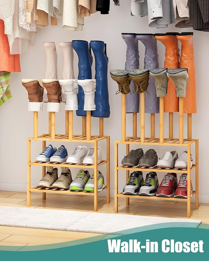 Small Boot Rack with Shoe Rack, Boot Rack Organizer Tall Boots for Closet, Bamboo Wood Shoe Shelf Storage Organizer for Entryway Small Space