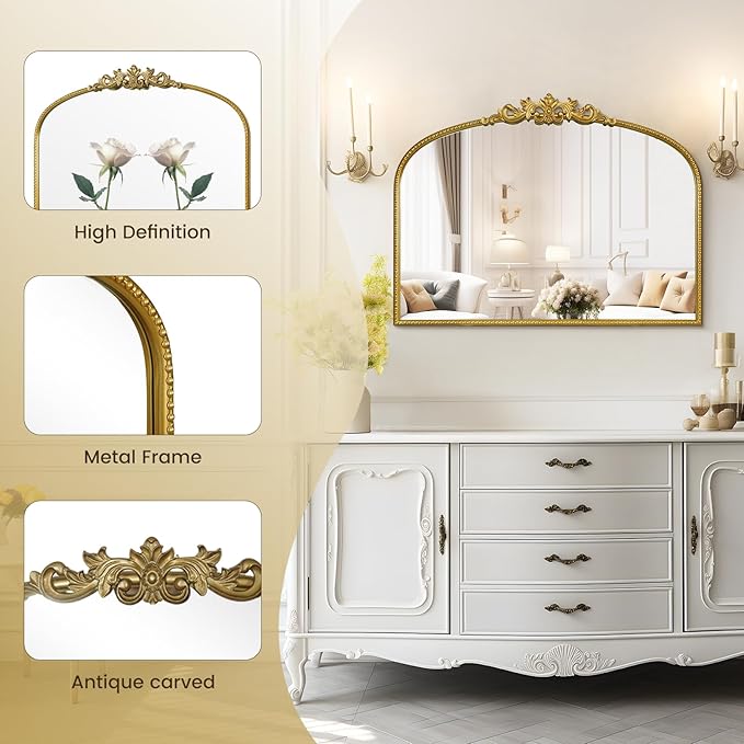 WallBeyond Gold Vintage Mirror - 32x24 Inch, Arched Antique Mirror with Ornate Frame for Bathroom, Living Room, Fireplace, Entryway