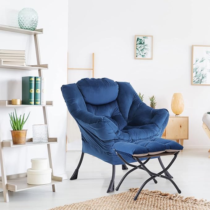 LITA Lazy Chair with Ottoman, Modern Accent Leisure Upholstered Sofa Chair, Contemporary Lounge Reading Chair with Armrests and a Side Pocket for Living Room, Bedroom & Small Space, Royal Blue