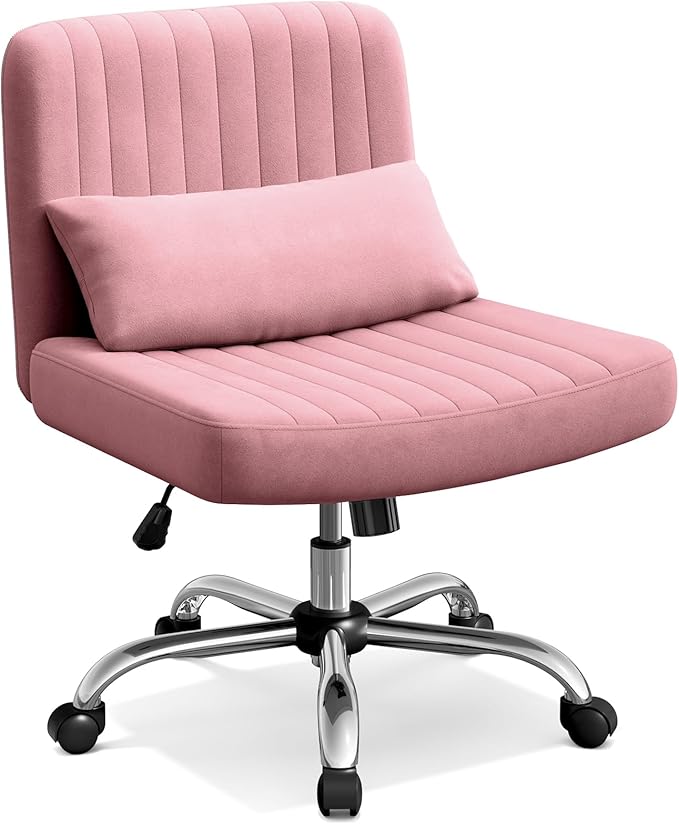 Warmiehomy Criss Cross Office Chair with Wheels, Velvet Cross-Legged Desk Chairs for Home, Height Adjustable Swivel Wide Seat Computer Chair, Modern Armless Vanity Chair for Girls Women, Rose Pink