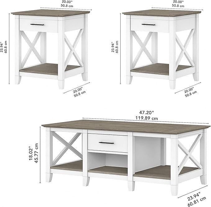 Bush Furniture Key West Coffee Table with Set of 2 End Tables in Pure White and Shiplap Gray
