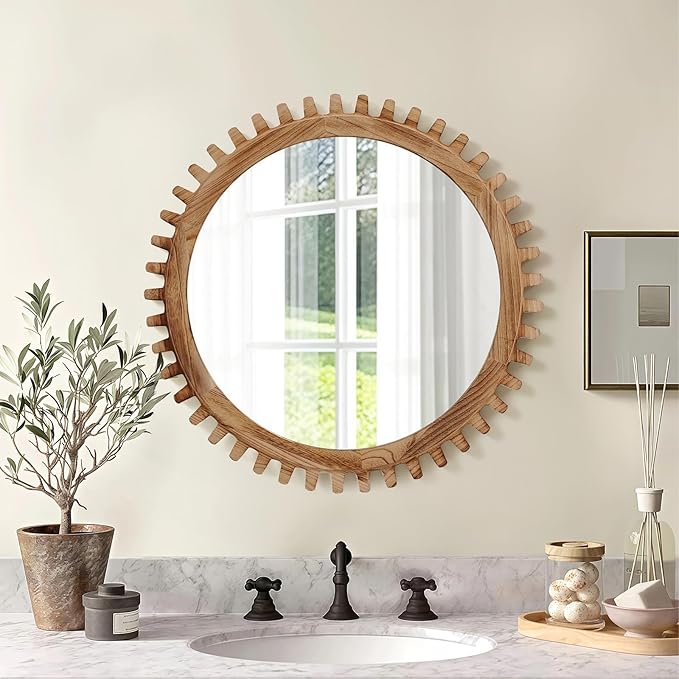 ULIKE Round Wood Mirror, 24 Inch Rustic Farmhouse Circle Mirror with Wooden Frame, Mordern Wall Decor for Bathroom Nursery Bedroom Living Room Entryway, Brown